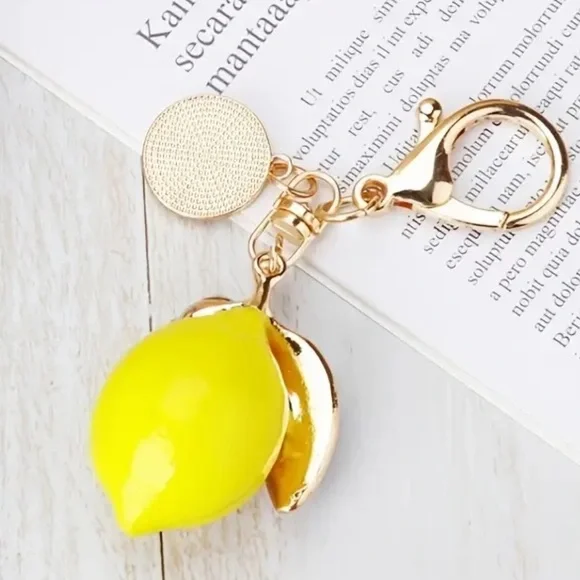 Alloy Lemon Keychain with Rhinestone Accents, Decorative Fruit - Picture 5 of 7